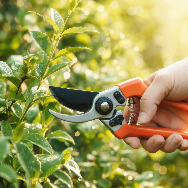 Main taille une branche avec sécateur orange. Feuilles vertes mouillées par la rosée matinale sous un soleil éclatant.