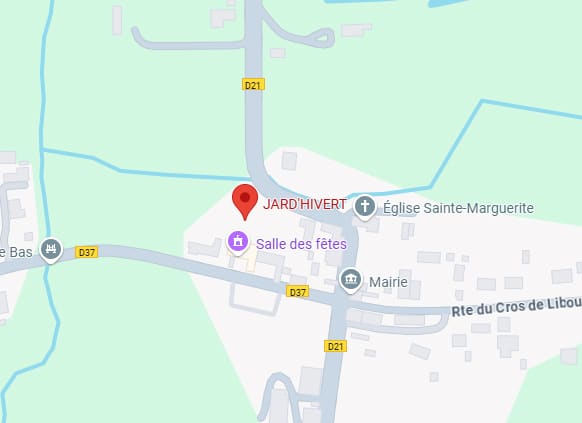 Carte d'une zone montrant Jard'Hivert (marqueur rouge), la Salle des fêtes, la Mairie, l'Église Sainte-Marguerite et les routes D37, D21.