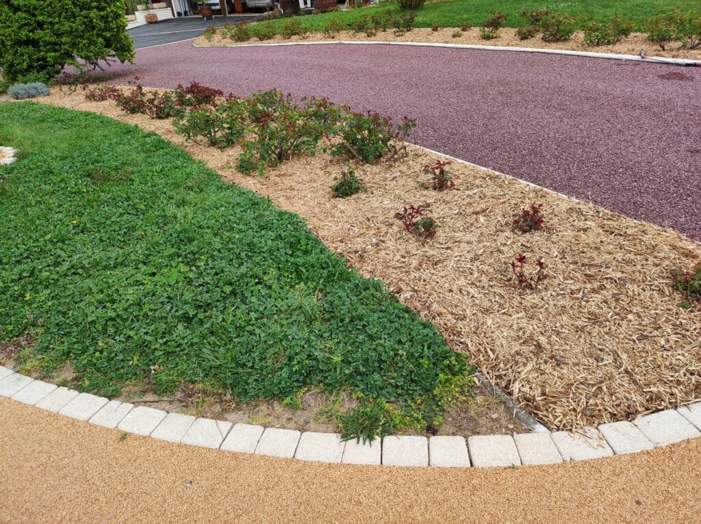 Jardin paysager avec allées de gravier violette et ocre, bordures en pavés, parterres de rosiers sur paillis, et un gazon vert dense.